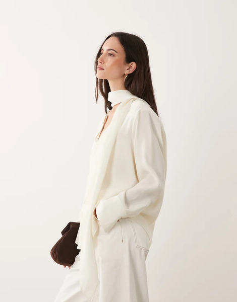  Mango V Neck Blouse With Tie Neck In Cream Neutral 