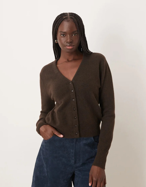  Mango V Neck Cardigan In Brown 