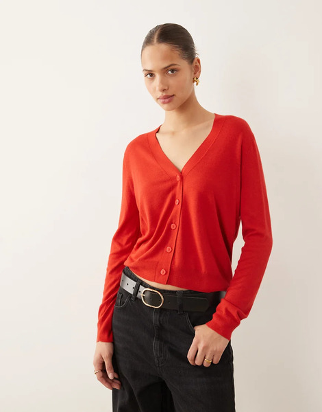  Mango V Neck Cardigan In Red 