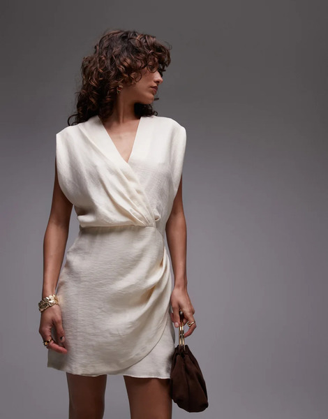  Mango V Neck Draped Fabric Cinched Wait Mini Dress In Light Beige Neutral 