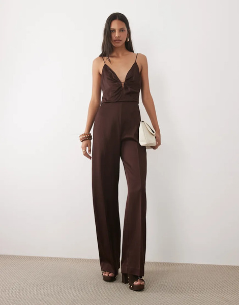  Mango V Neck Sleeveless Tailored Jumpsuit In Brown 
