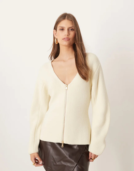  Mango V Neck Zip Through Cardigan In White 