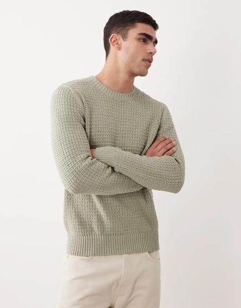  Mango Waffle Knit Jumper In Sage Green 