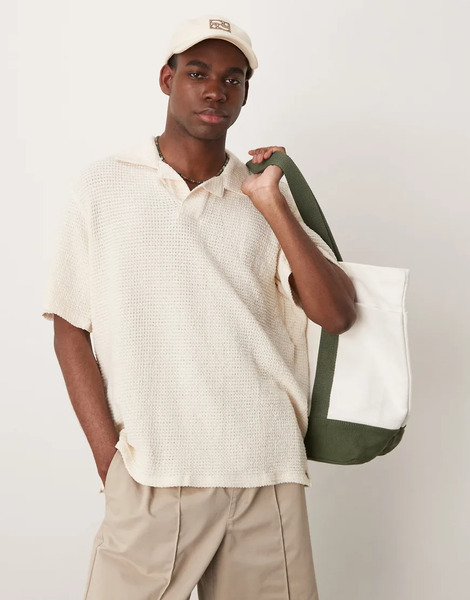  Mango Waffle Texture Revere Collar Polo Top In Ecru Neutral 