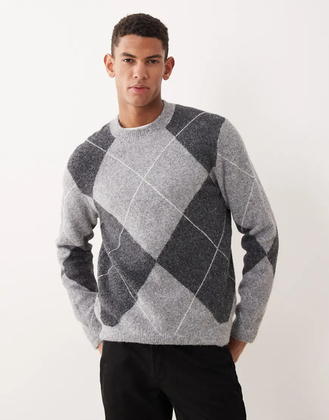  Mango Wool Blend Argyle Jumper In Grey 