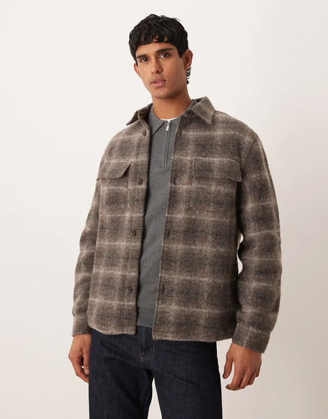  Mango Wool Blend Checked Shacket In Brown 