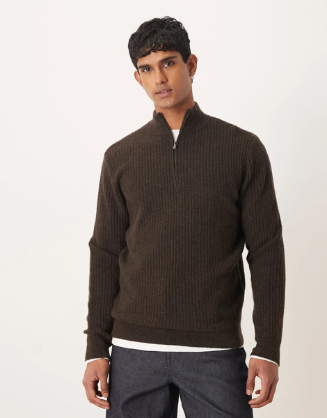  Mango Wool Blend Quarter Zip Knitted Jumper In Brown 