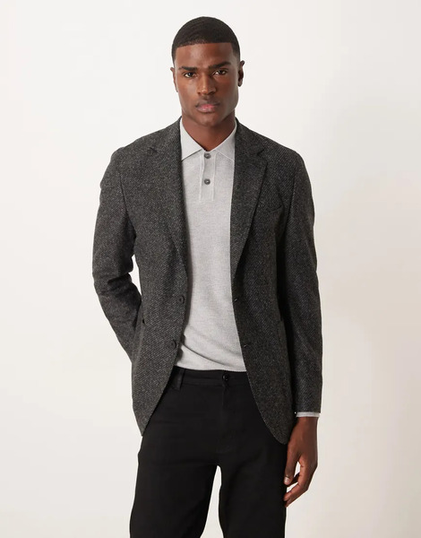  Mango Wool Blend Tweed Blazer In Charcoal Grey 