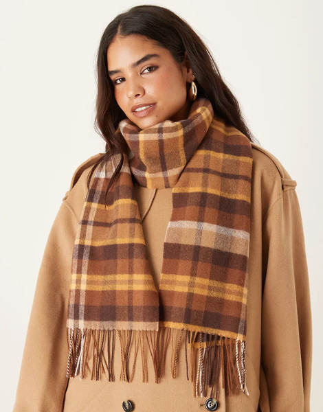  Mango 100% Wool Checked Scarf In Dark Brown 