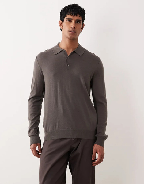  Mango 100% Wool Knitted Polo Top In Charcoal Grey 