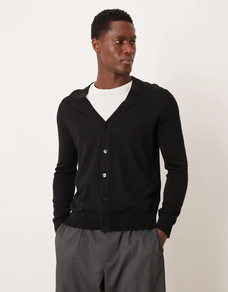  Mango 100% Wool Lightweight Knitted Cardigan In Black 