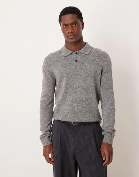  Mango Wool Mix Button Up Knitted Polo In Grey 