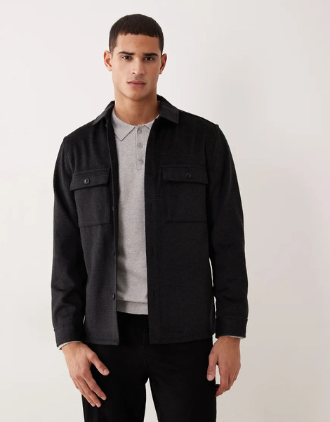  Mango Wool Mix Checked Overshirt In Black 