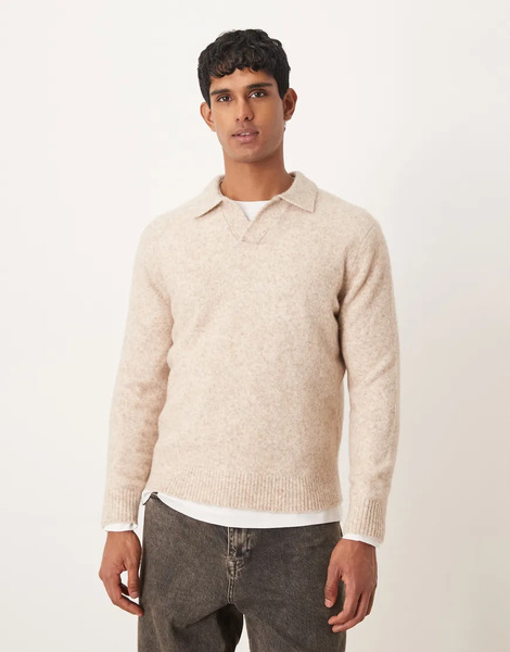  Mango Wool Mix Knitted Polo In Ecru Neutral 