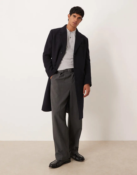  Mango Wool Mix Long Line Coat In Navy 