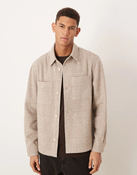  Mango Wool Mix Shacket In Beige Check Neutral 