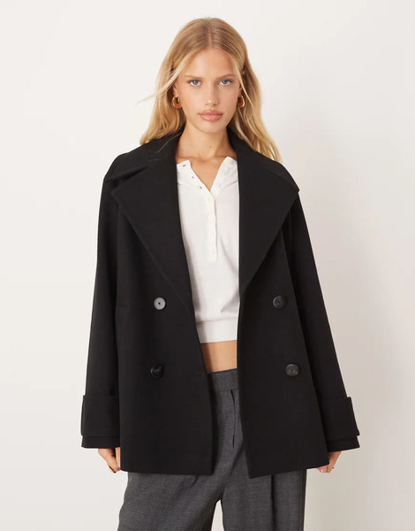  Mango Wool Mix Short Double Breasted Jacket In Black 