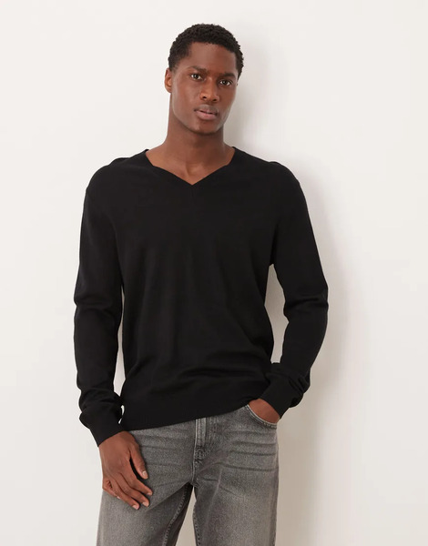  Mango 100% Wool V Neck Lightweight Knitted Top In Black 