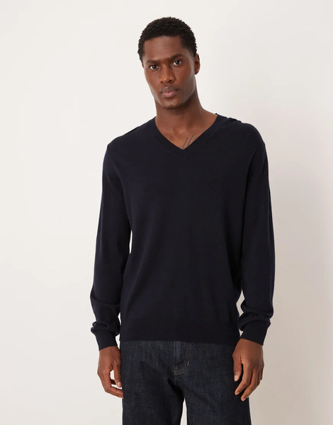  Mango 100% Wool V Neck Lightweight Knitted Top In Navy 