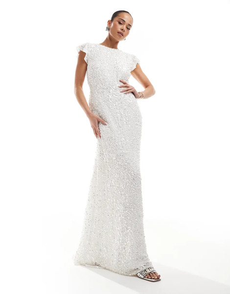  Maya Embellished Short Flutter Sleeve Maxi Dress In White 