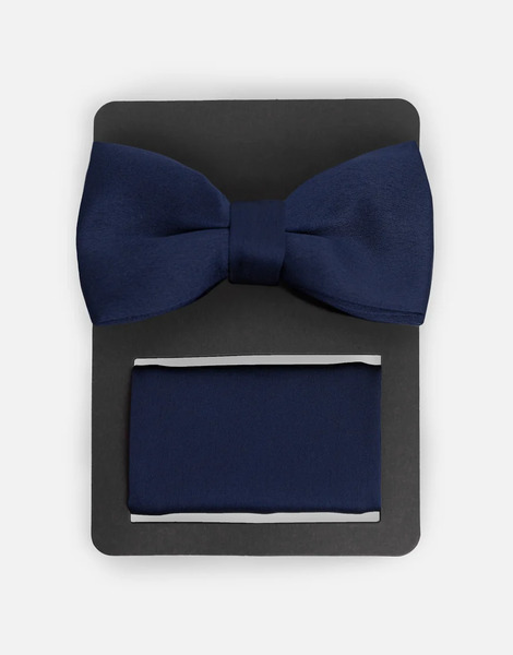  Maya Satin Bow Tie Pocket Square Set In Navy Blue 