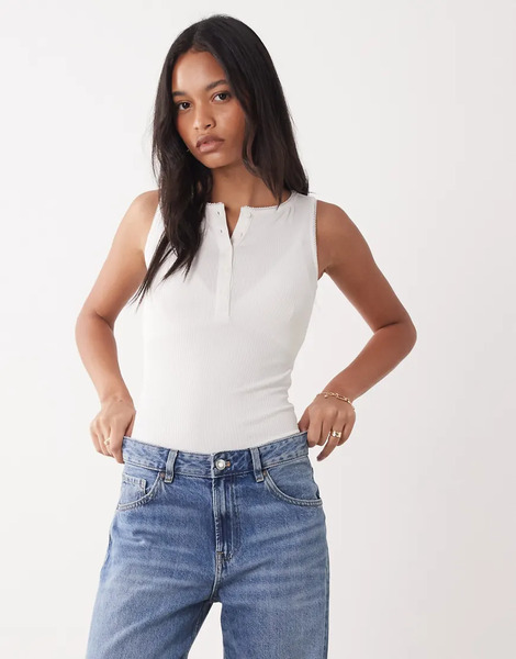 Miss Selfridge Button Through Sleeveless Bodysuit In White 