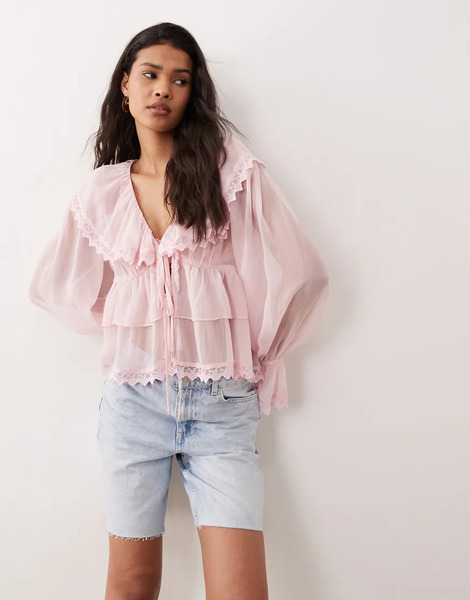  Miss Selfridge Chiffon Ruffle Tie Front Blouse In Light Pink 