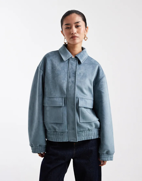  Miss Selfridge Faux Suede Bomber Jacket In Soft Blue 