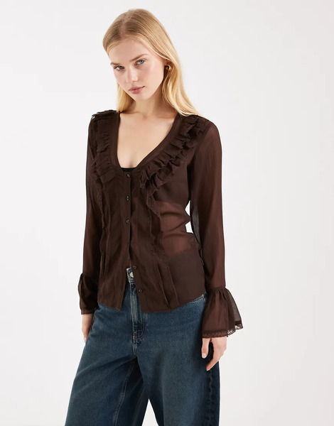 Miss Selfridge Flared Frill Front Sleeve Chiffon Blouse Brown 