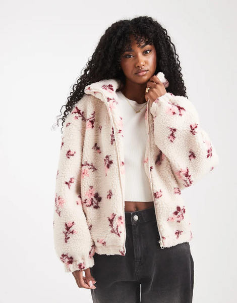  Miss Selfridge Floral Borg Zip Through Jacket Multi 