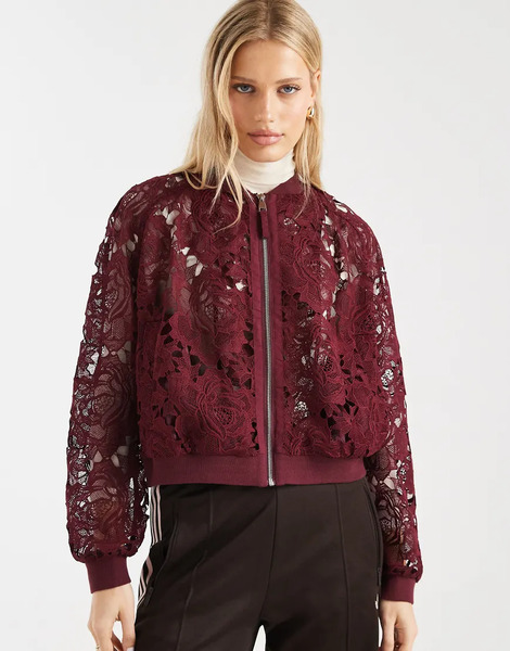  Miss Selfridge Lace Bomber Jacket In Cherry Red 