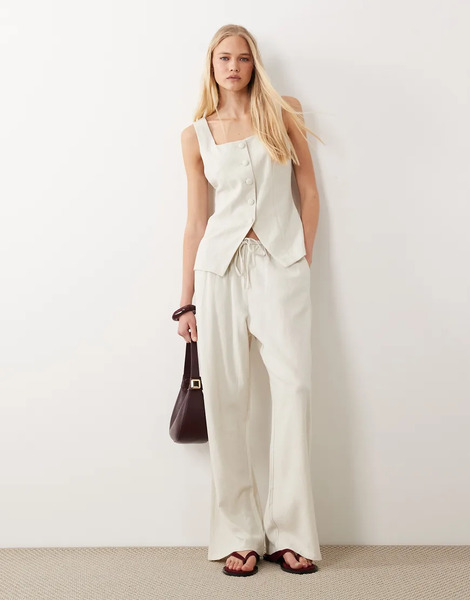  Miss Selfridge Linen Look Pull On Trouser In Stone Neutral 