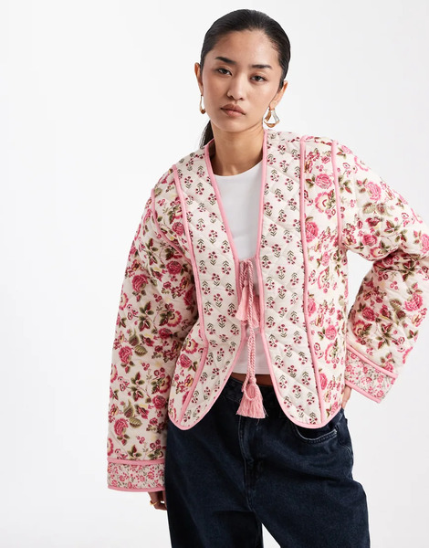  Miss Selfridge Mix Print Tie Front Padded Cotton Jacket In Multi 