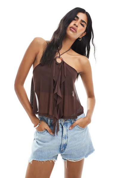  Miss Selfridge O Ring Ruffle Split Front Top In Chocolate Brown 