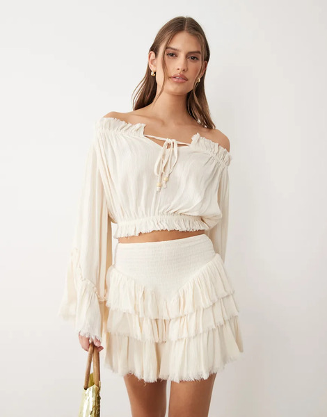  Miss Selfridge Off Shoulder Boho Blouse With Fluted Sleeves Neutral 