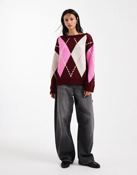  Miss Selfridge Oversized Knitted Argyle Jumper In Pink Multi 