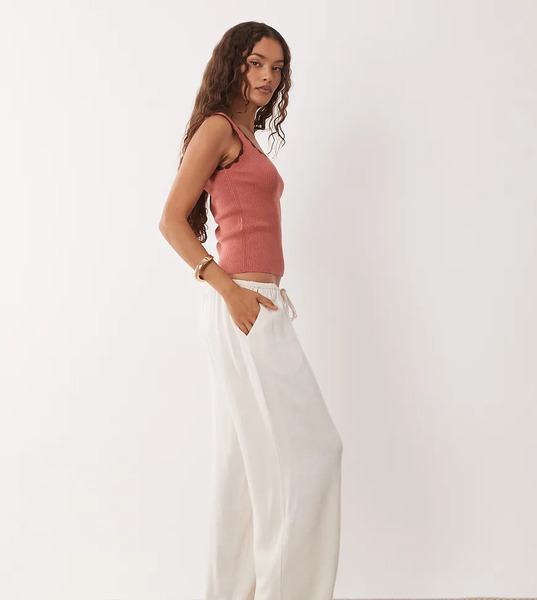  Miss Selfridge Petite Linen Look Pull On Trouser Ivory Neutral 