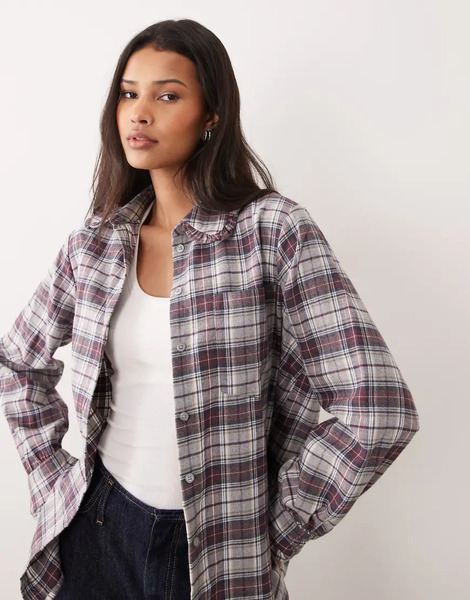  Miss Selfridge Ruffle Trim Oversized Shirt In Check Multi 
