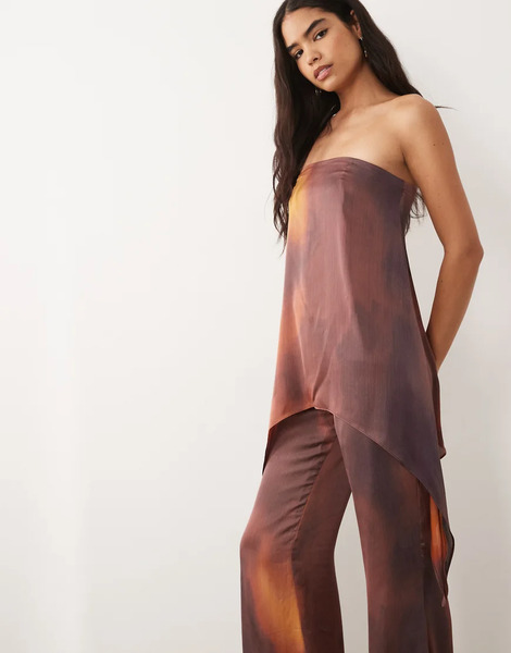  Missyempire Cotton Satin Bandeau High Low Drape Longline Top Co Ord In Rust & Burgundy Blurred Print Brown 