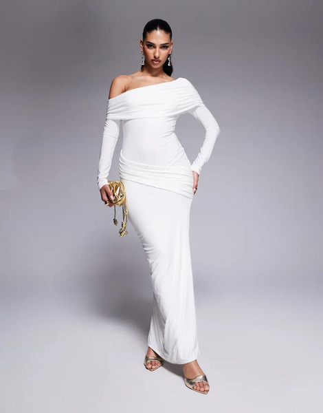  Missyempire Double Sculpted Slinky Asymmetric Fold Over Shoulder Drape Detail Bodycon Maxi Dress In White 