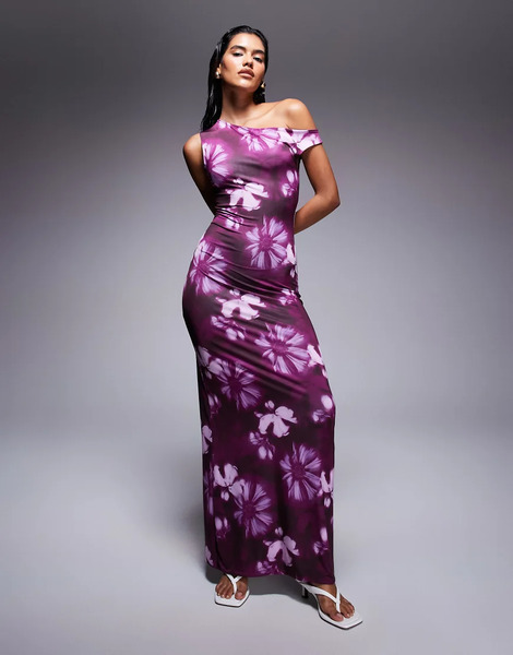  Missyempire Double Sculpted Slinky Asymmetric Off Shoulder Maxi Dress In Blurred Purple Flower Print 