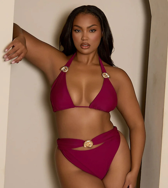  Moda Minx Curve Bikini Bottom With Gold Hardware Detail In Berry Red 