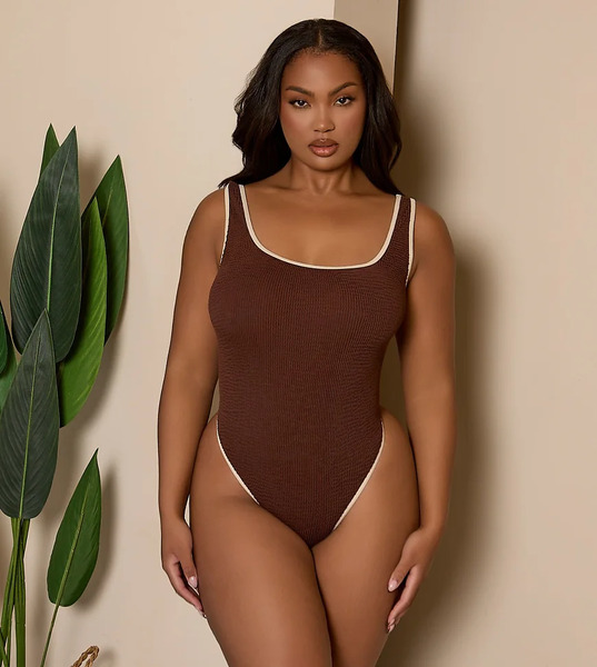  Moda Minx Curve Contrast Binding Swimsuit In Brown 