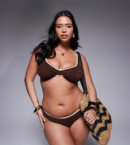  Moda Minx Curve Scoop Bikini Top In Brown With Contrast Almond Binding 
