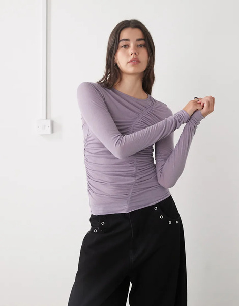  Monki Asymmetric Ruched Top In Lilac Grey 