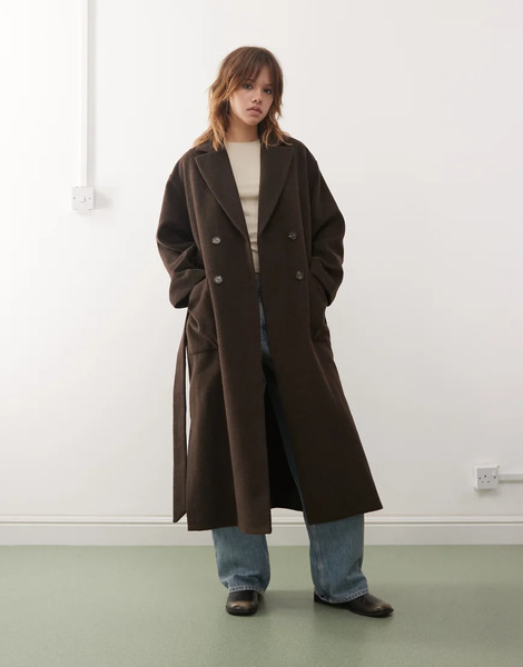  Monki Belted Double Breasted Coat With Wool In Brown Melange 