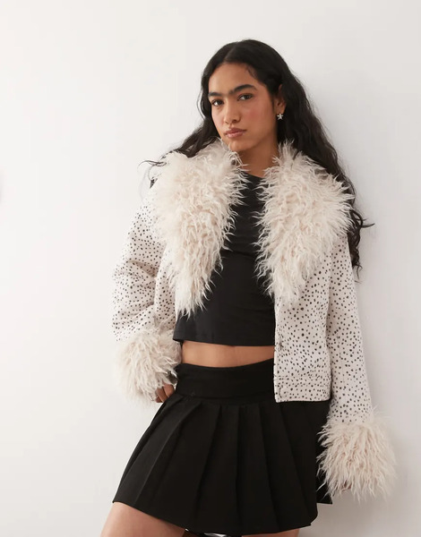  Monki Faux Fur Wool Jacket In Polka Dot Pink 