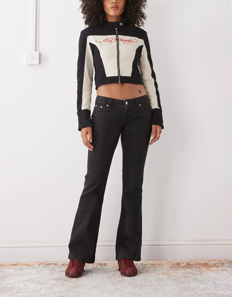  Monki Flared Denim Jeans In Washed Black 