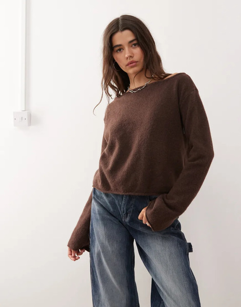  Monki Knitted Jumper With Flared Sleeves In Dark Brown 