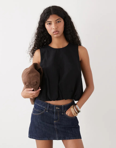  Monki Linen Blend Bubble Top In Black   Black 